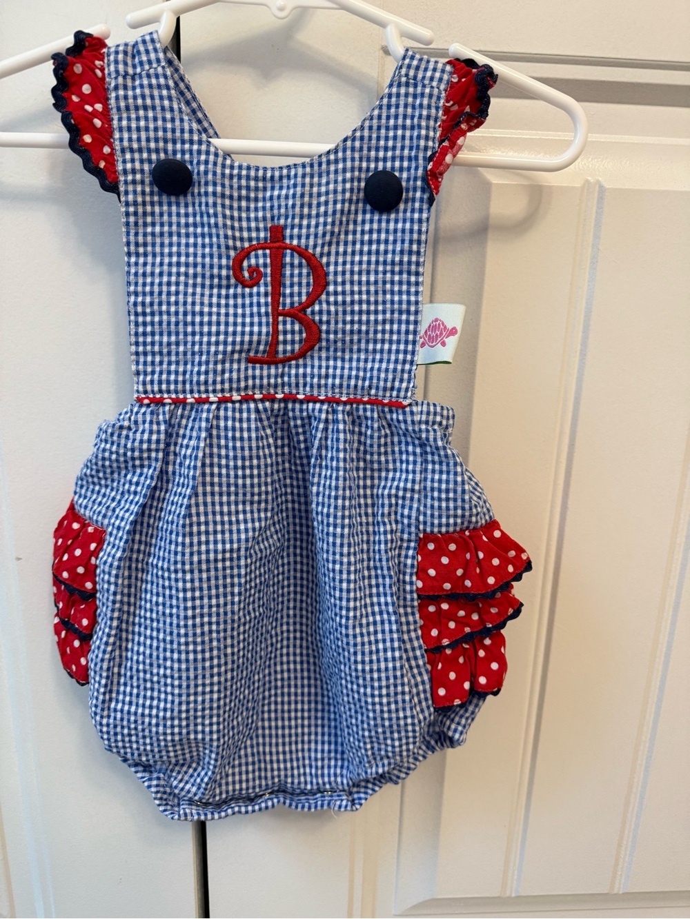 Blue Gingham Bubble Romper with Red Polka Dot Ruffles “B”